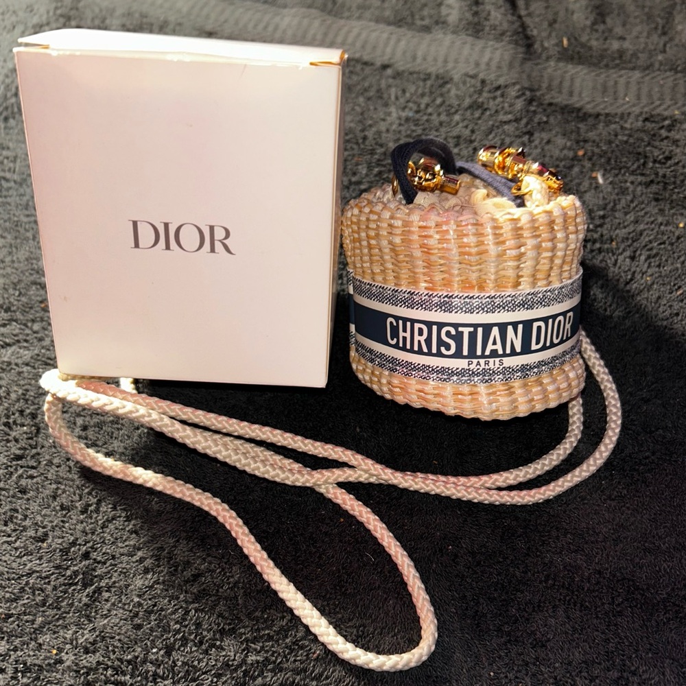 Dior Beige Woven Round Crossbody with Navy Logo Band and Pink Strap